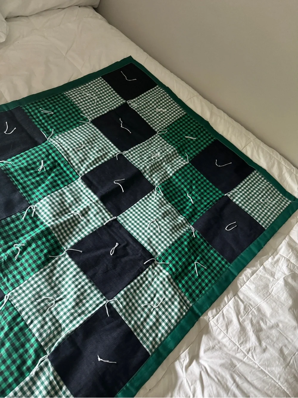 Handmade Green Patchwork Quilt 44x38 - Vintage Style Gingham Checkered Lap Quilt